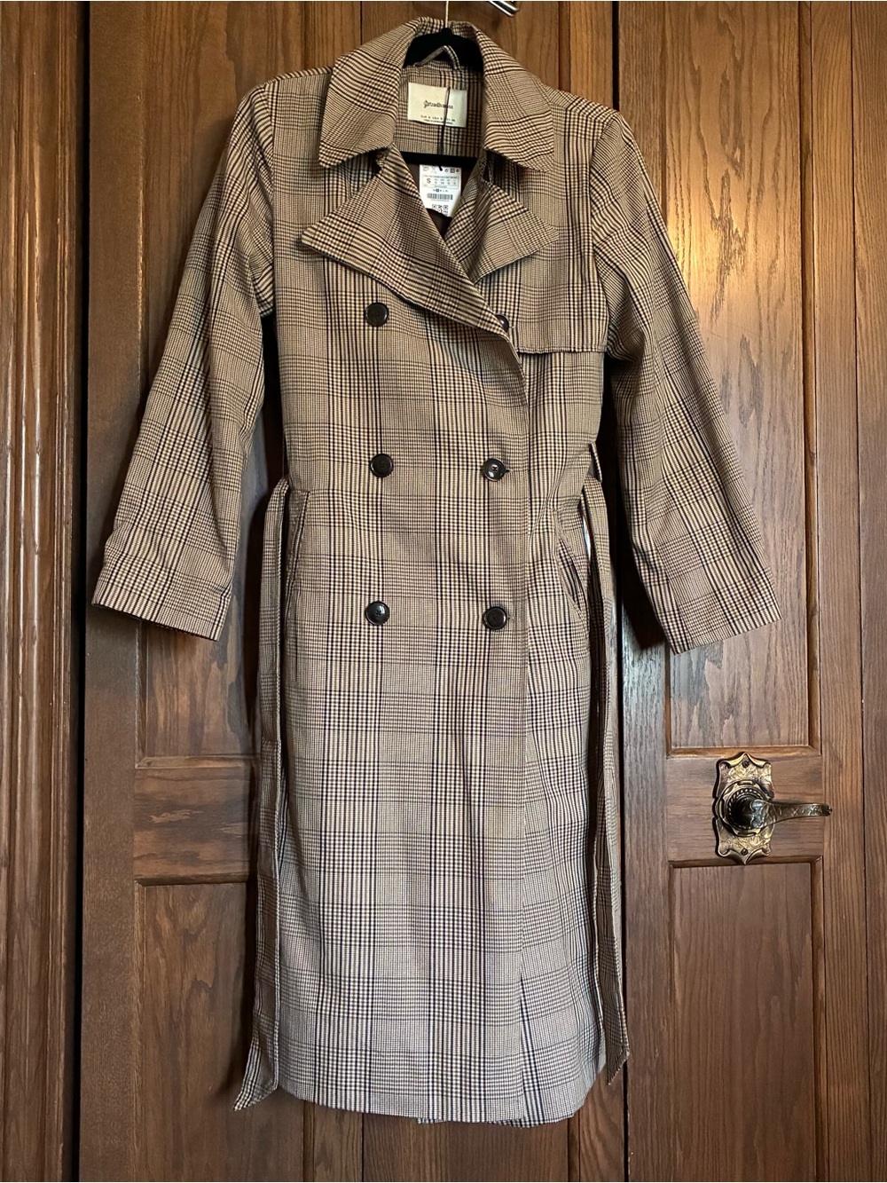 Plaid Double-Breasted Trench Coat in Brown and Black